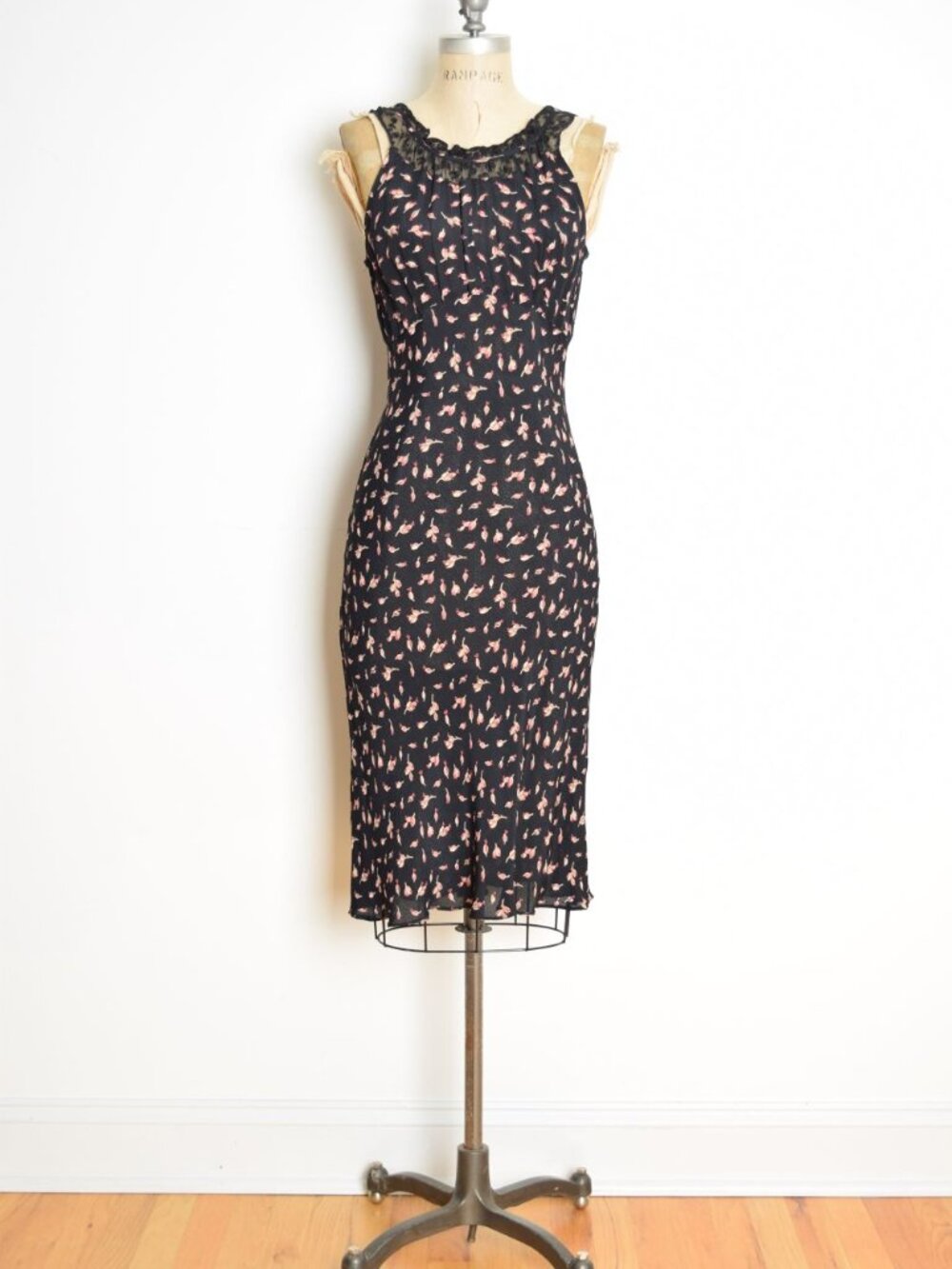 vintage Y2K dress black floral print bias cut rayon whimsigoth fairy midi M